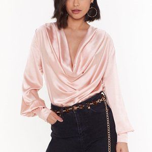 Nasty Gal Tell Me Cowl You Feel Satin Bodysuit Blush